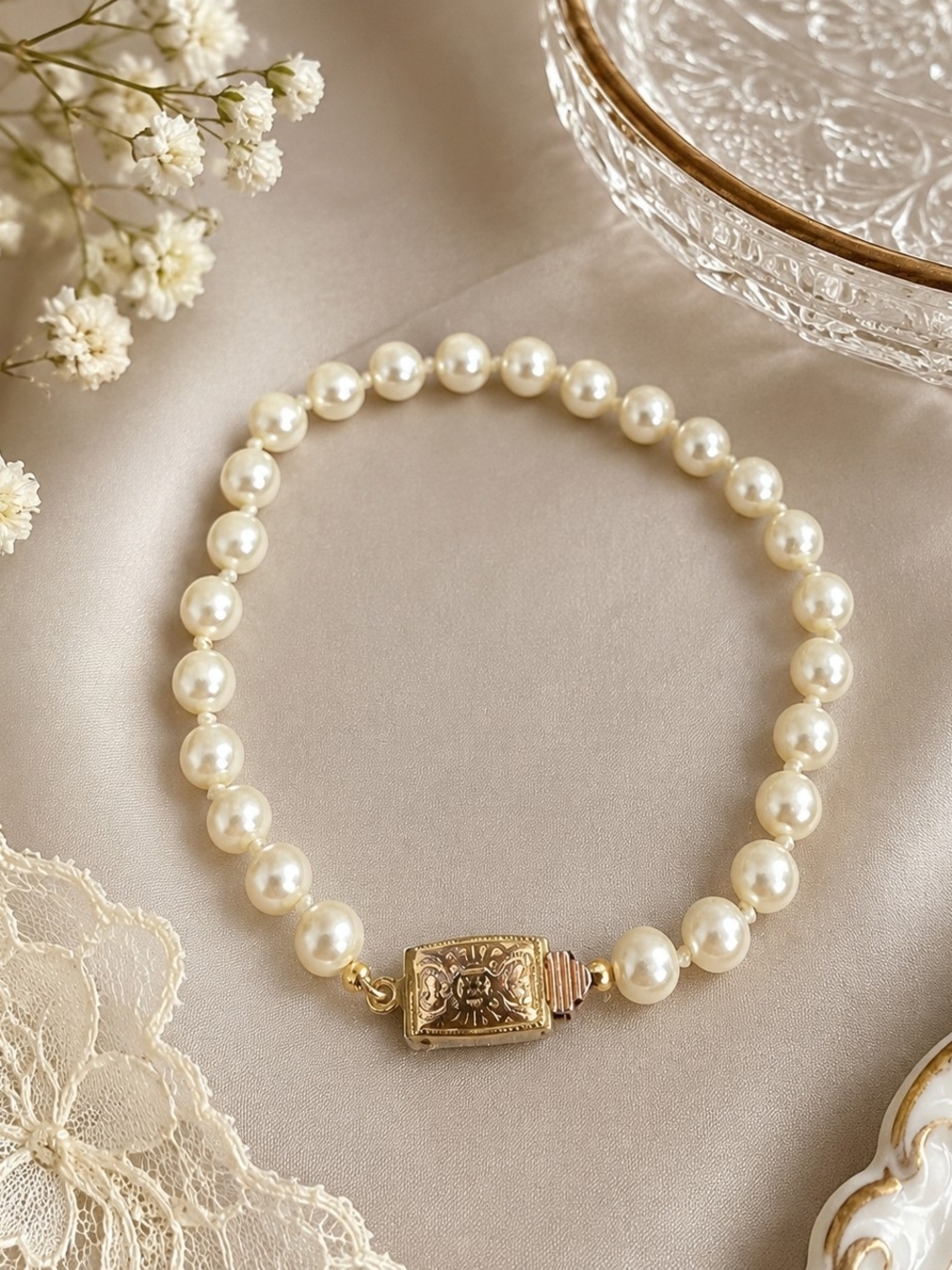 Vintage Classic Faux Ivory Pearl Bracelet with Gold Clasp
